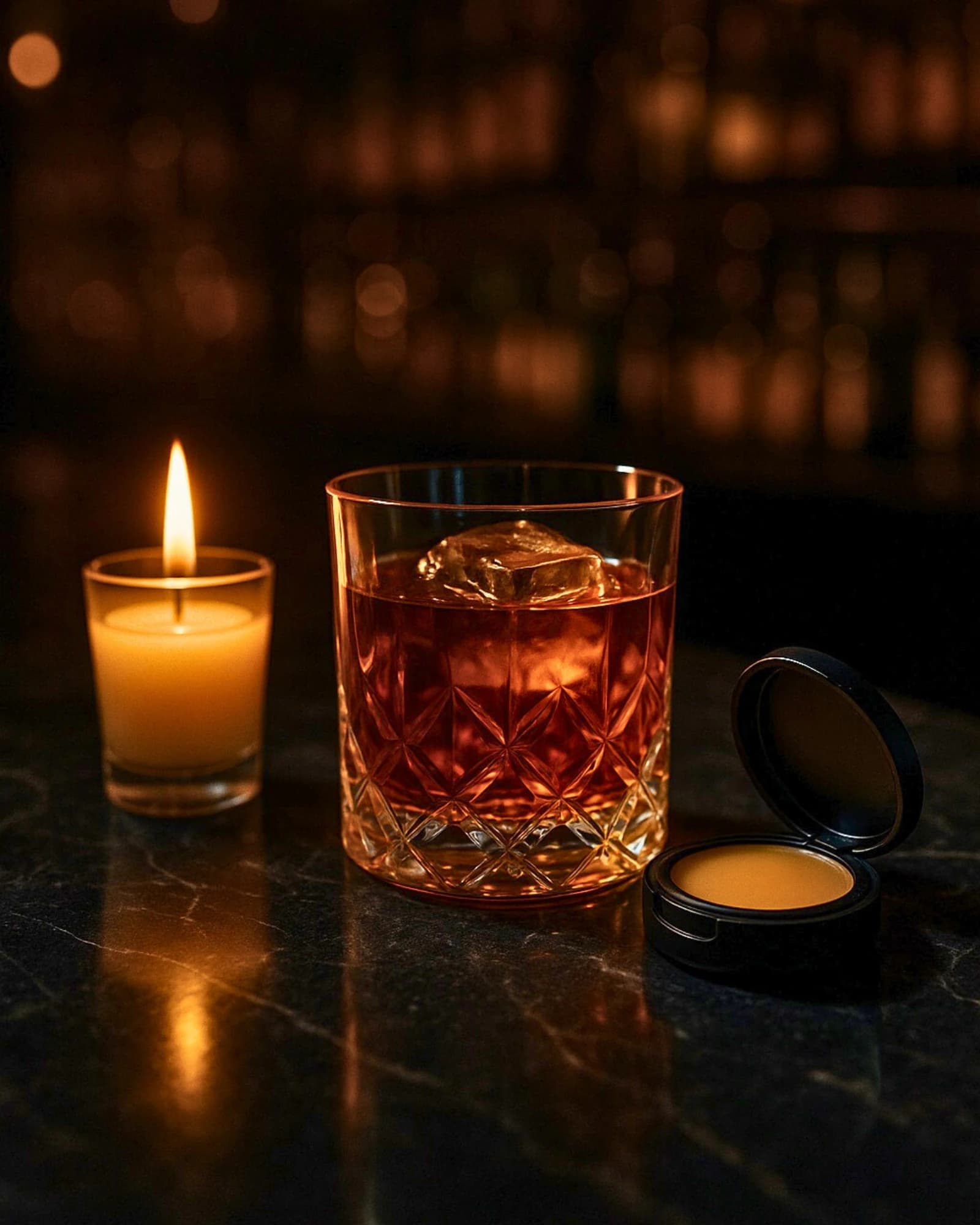 Moody candlelit cocktail bar scene evoking after-hours date nights